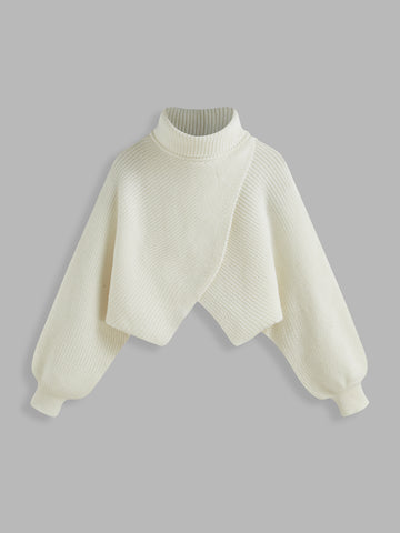 High Neck Solid Knitted Long Sleeve Crop Sweater