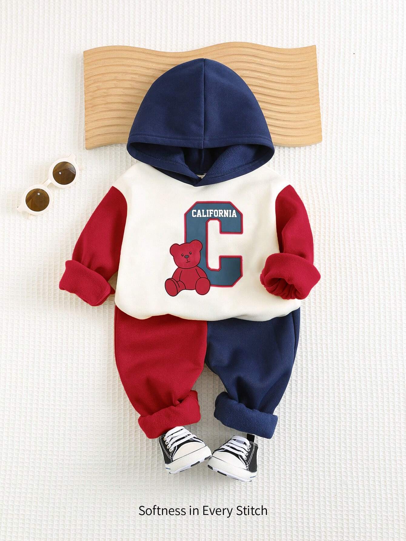 Cozy Pixies 2pcs Baby Boy Cartoon Bear Letter Print Contrast Color Hooded Sweatshirt & Jogger Pants Set