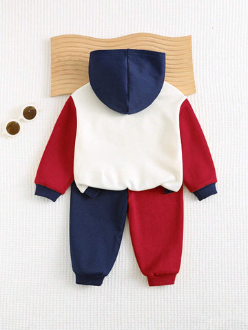 Cozy Pixies 2pcs Baby Boy Cartoon Bear Letter Print Contrast Color Hooded Sweatshirt & Jogger Pants Set