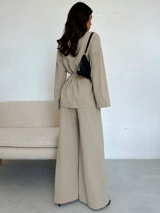 Women Collar Tie Waist Loose Shacket With High Waist Soft Pants