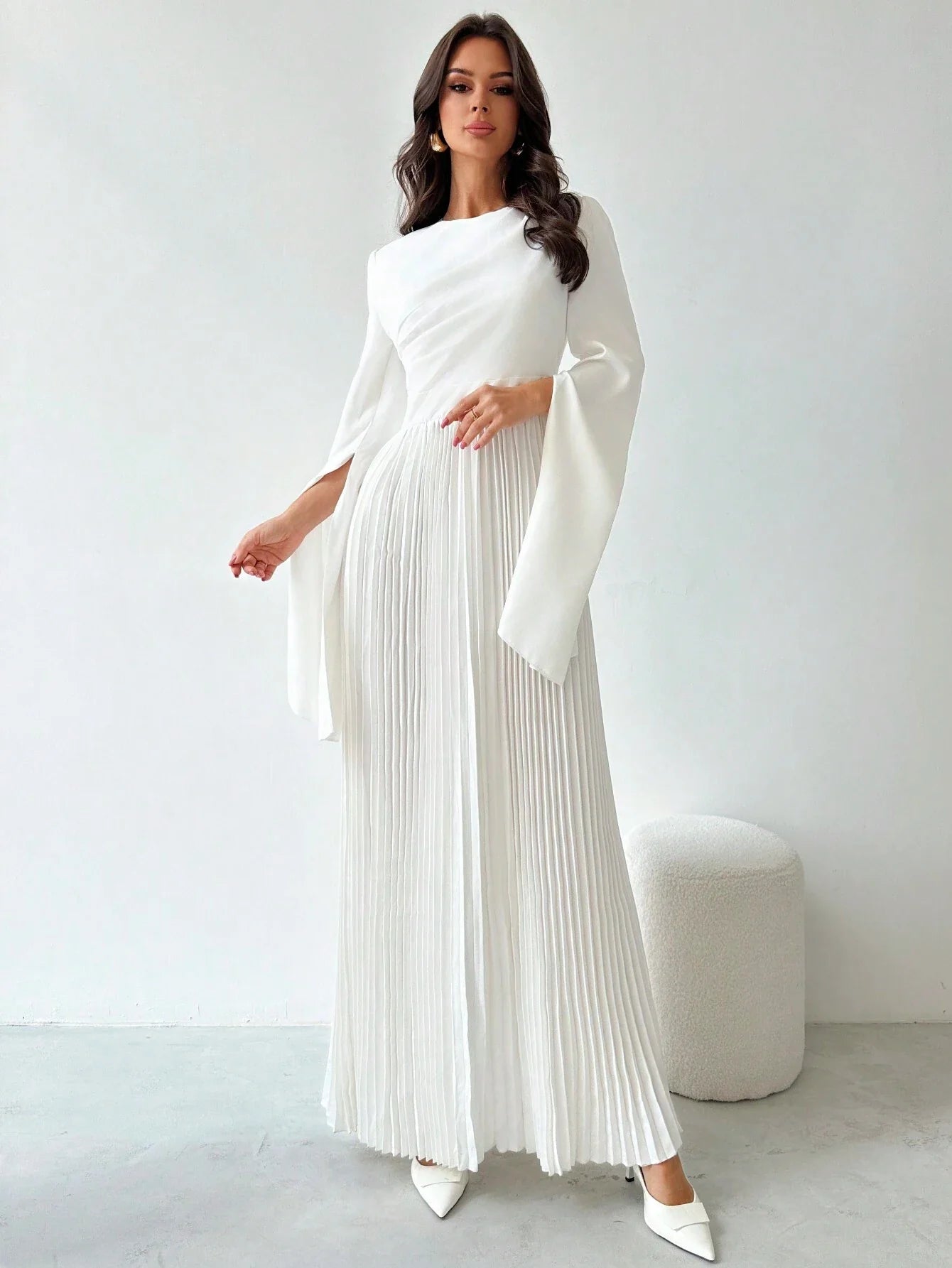 Firerie Elegant Romantic Party Pleated Loose A-Line White Midi Dress