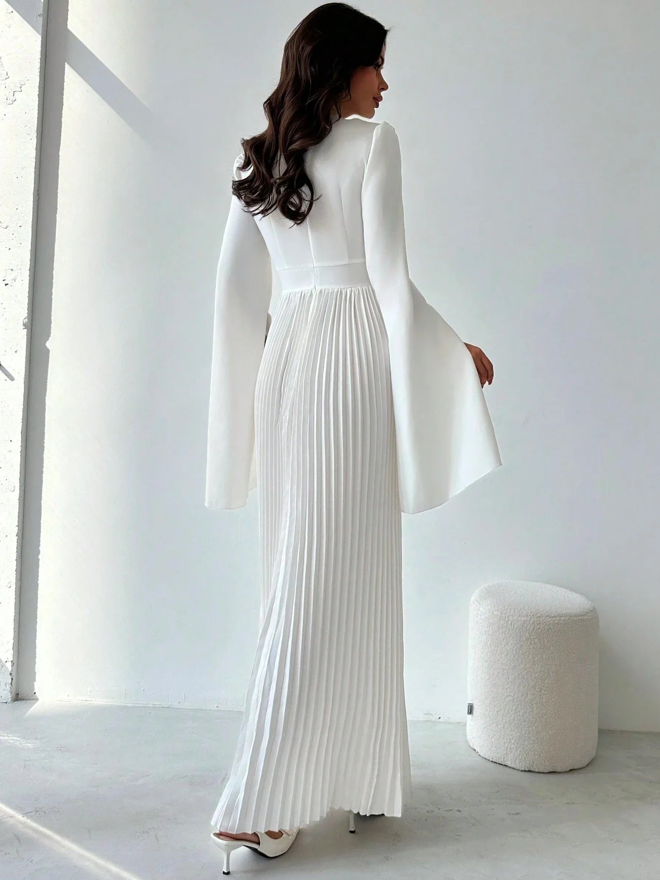 Firerie Elegant Romantic Party Pleated Loose A-Line White Midi Dress