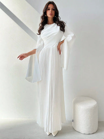 Firerie Elegant Romantic Party Pleated Loose A-Line White Midi Dress