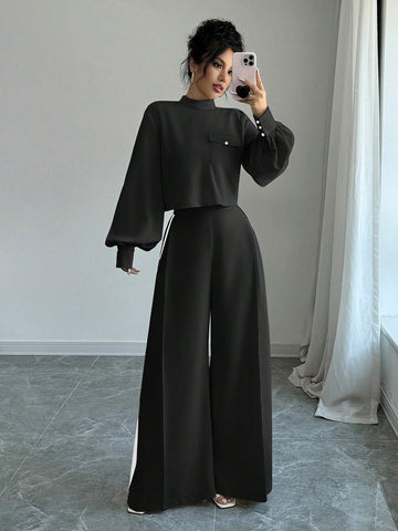 Elenzya Women Solid Lantern Sleeve Top And Wide Leg Pants Casual Loose Suit Set