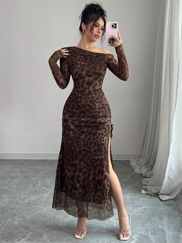 Elegant Tie Dye Gradient Ruched Mesh Leopard Print Asymmetrical Neck High Slit Dress