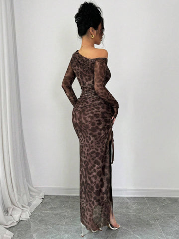 Elegant Tie Dye Gradient Ruched Mesh Leopard Print Asymmetrical Neck High Slit Dress