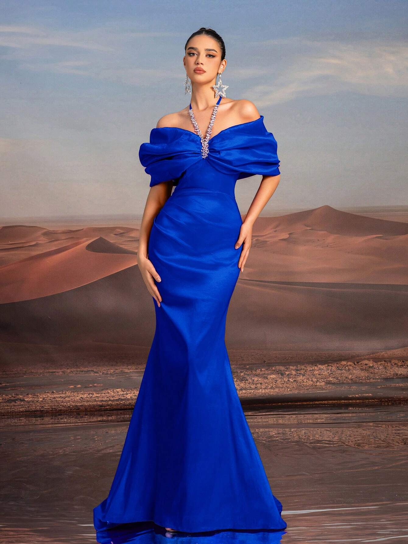 Glamrae Elegant Purple Necklace Chain, Off-Shoulder, Floor-Length Fishtail Formal Dress