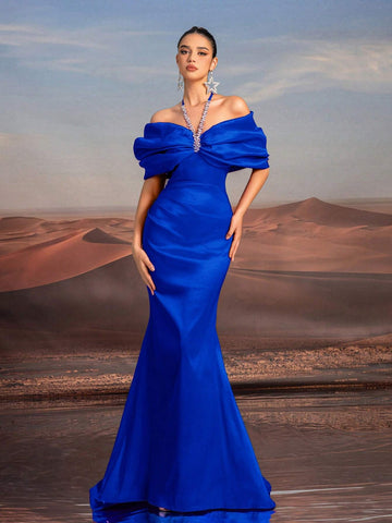 Glamrae Elegant Purple Necklace Chain, Off-Shoulder, Floor-Length Fishtail Formal Dress