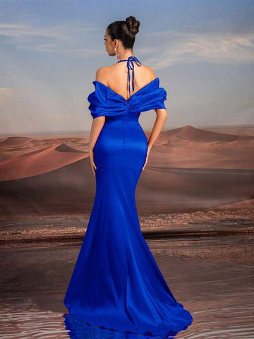 Glamrae Elegant Purple Necklace Chain, Off-Shoulder, Floor-Length Fishtail Formal Dress