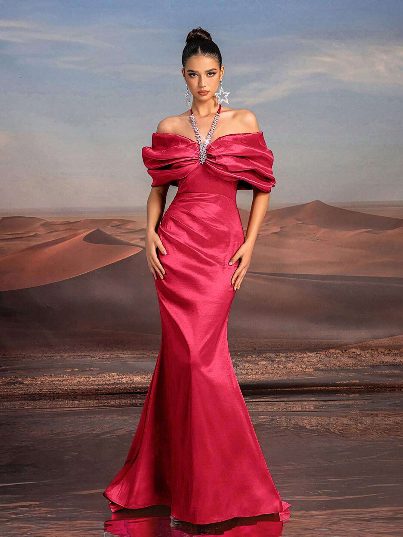 Glamrae Elegant Purple Necklace Chain, Off-Shoulder, Floor-Length Fishtail Formal Dress