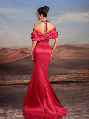 Glamrae Elegant Purple Necklace Chain, Off-Shoulder, Floor-Length Fishtail Formal Dress