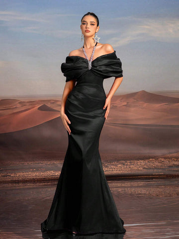 Glamrae Elegant Purple Necklace Chain, Off-Shoulder, Floor-Length Fishtail Formal Dress