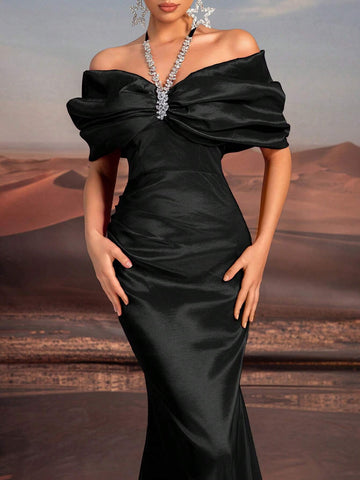 Glamrae Elegant Purple Necklace Chain, Off-Shoulder, Floor-Length Fishtail Formal Dress