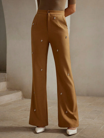 Anewsta Elegant Diamond Decor Flared Leg Pants