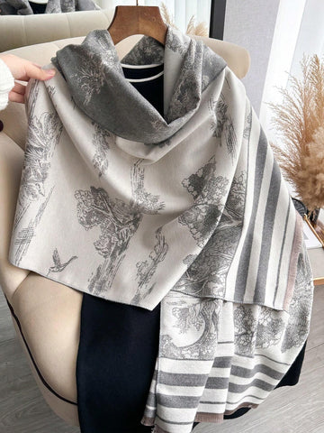 1pc Women's Double Sided Faux Cashmere Plant Jacquard Warm Scarf Shawl