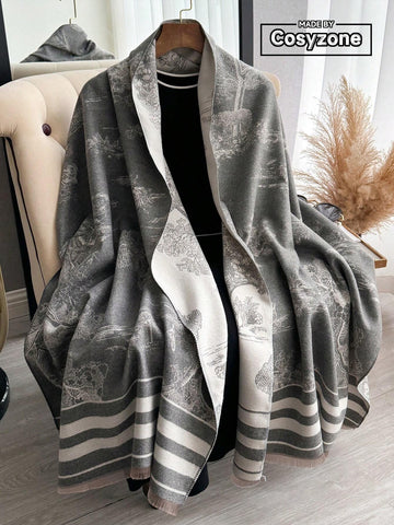 1pc Women's Double Sided Faux Cashmere Plant Jacquard Warm Scarf Shawl