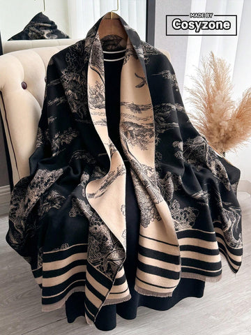 1pc Women's Double Sided Faux Cashmere Plant Jacquard Warm Scarf Shawl