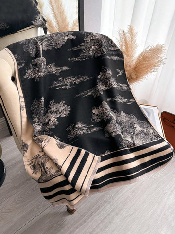 1pc Women's Double Sided Faux Cashmere Plant Jacquard Warm Scarf Shawl