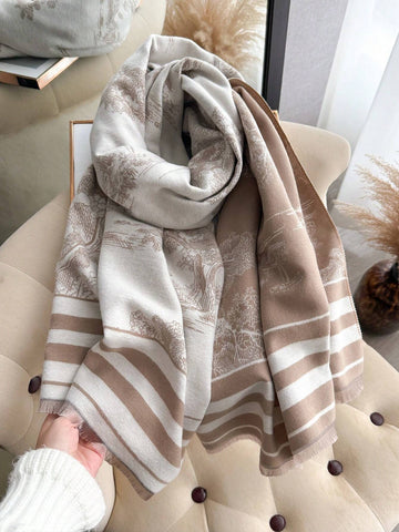 1pc Women's Double Sided Faux Cashmere Plant Jacquard Warm Scarf Shawl