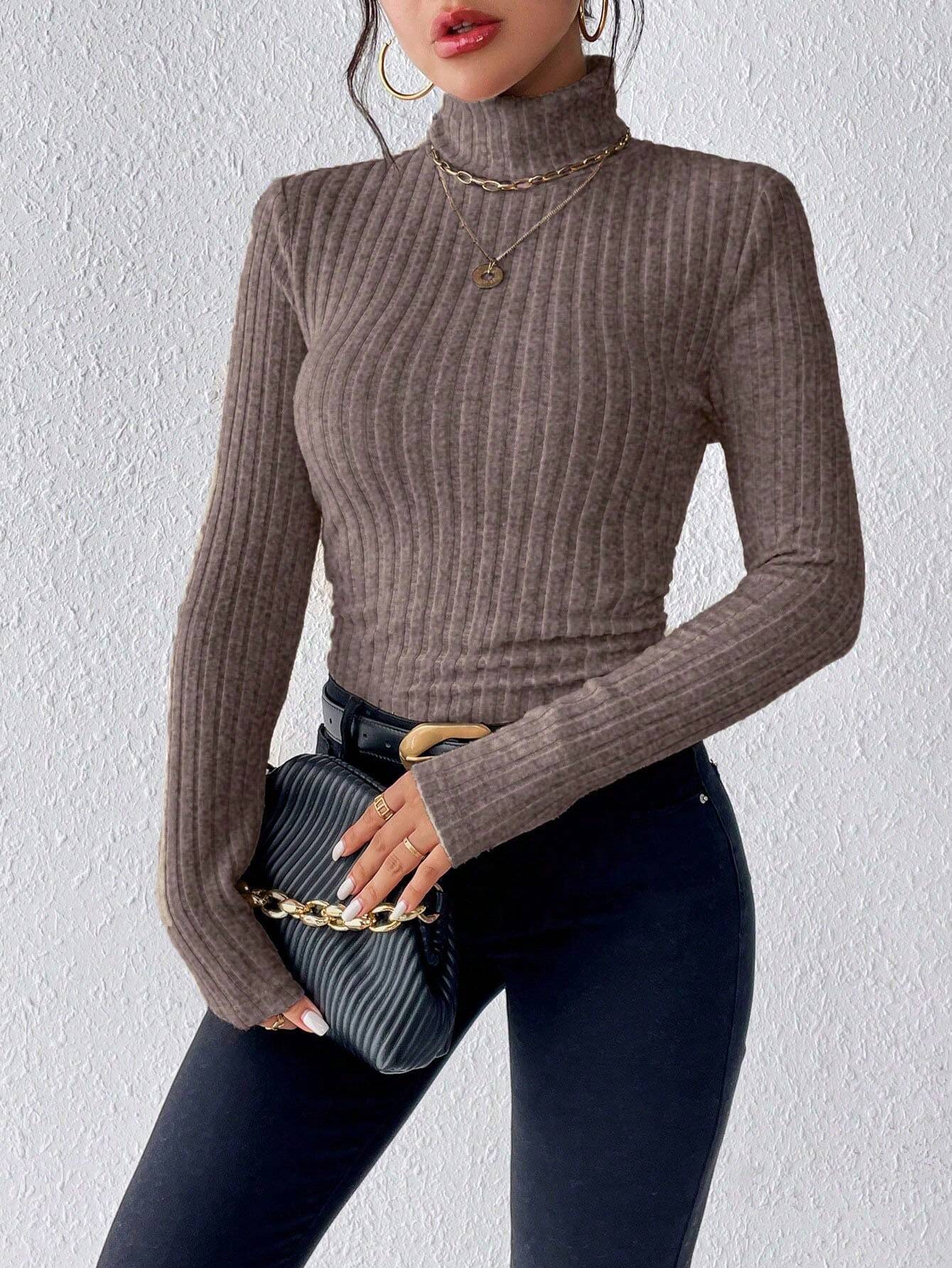 Frenchy Women's High Neck Ribbed Knit Long Sleeve T-Shirt