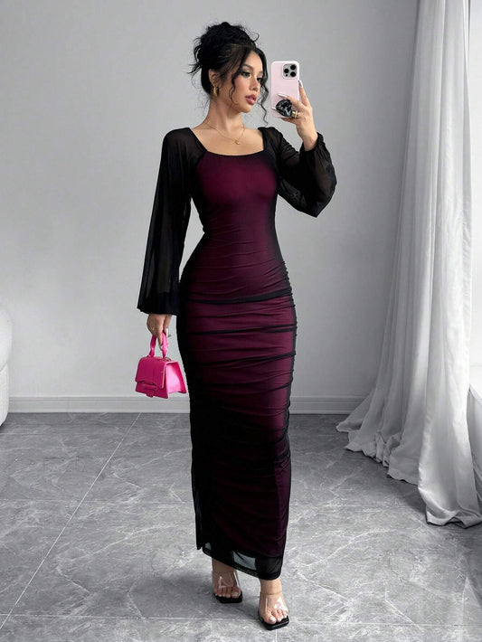 Raffin�a Women Elegant Long Sleeve, Round Neck, Color Blocking Lace, Embroidered Mesh Dress