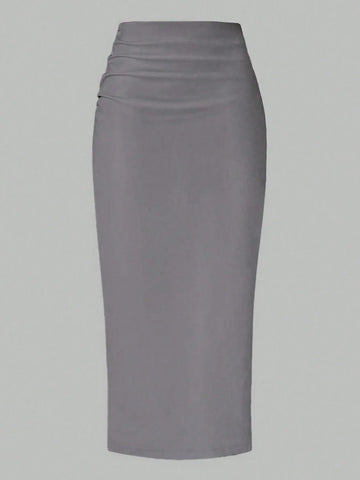 Raffin�a Solid Color Pleated Back Zipper Slit Skirt