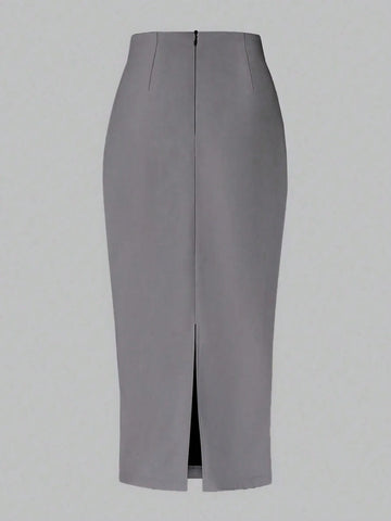 Raffin�a Solid Color Pleated Back Zipper Slit Skirt