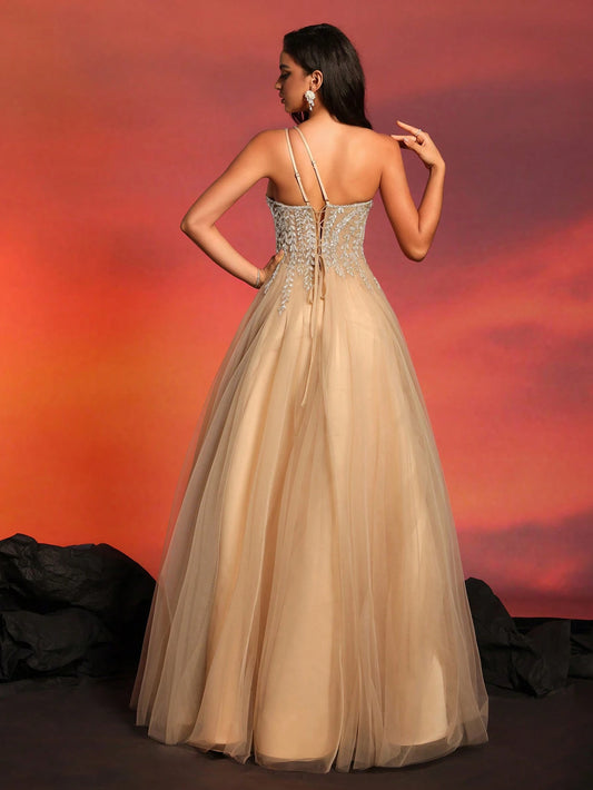 VIPGIRL One Shoulder Beaded Long Evening Dress