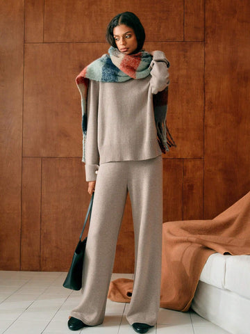 MOTF PREMIUM SOLID DROP SHOULDER OVERSIZE HIGH NECK SWEATER & KNIT PANTS SET