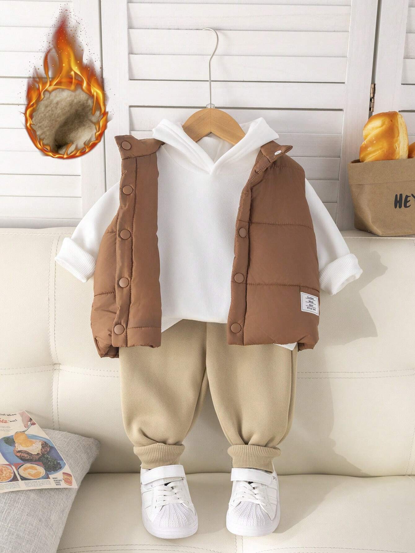 3pcs/Set Baby Boy Casual Cute Knitted Long Sleeve Hooded Sweatshirt, Elastic Waist Jogger Pants And Fleece Lined Vest