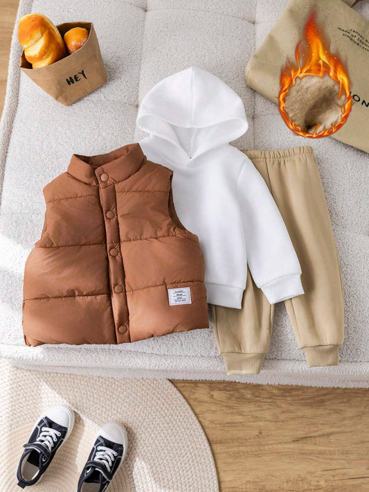 3pcs/Set Baby Boy Casual Cute Knitted Long Sleeve Hooded Sweatshirt, Elastic Waist Jogger Pants And Fleece Lined Vest