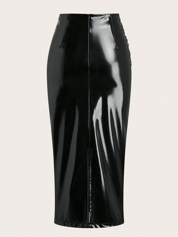 Raffin�a Solid Color Pleated Back Zipper Slit Skirt