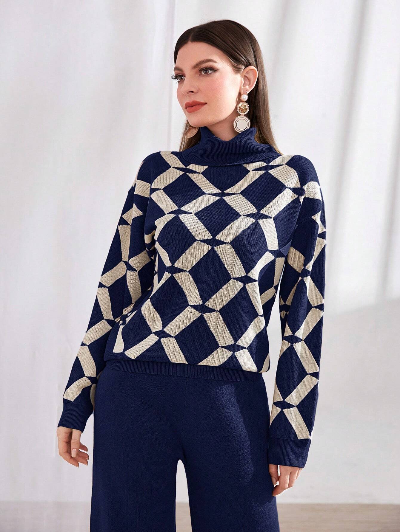 Mulvari Argyle Pattern Funnel Neck Sweater & Knit Pants 2 Piece Set