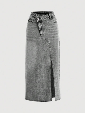 MOD Asymmetrical Long Skirt Spring Break Stepped Waist Slit Hem Denim Skirt