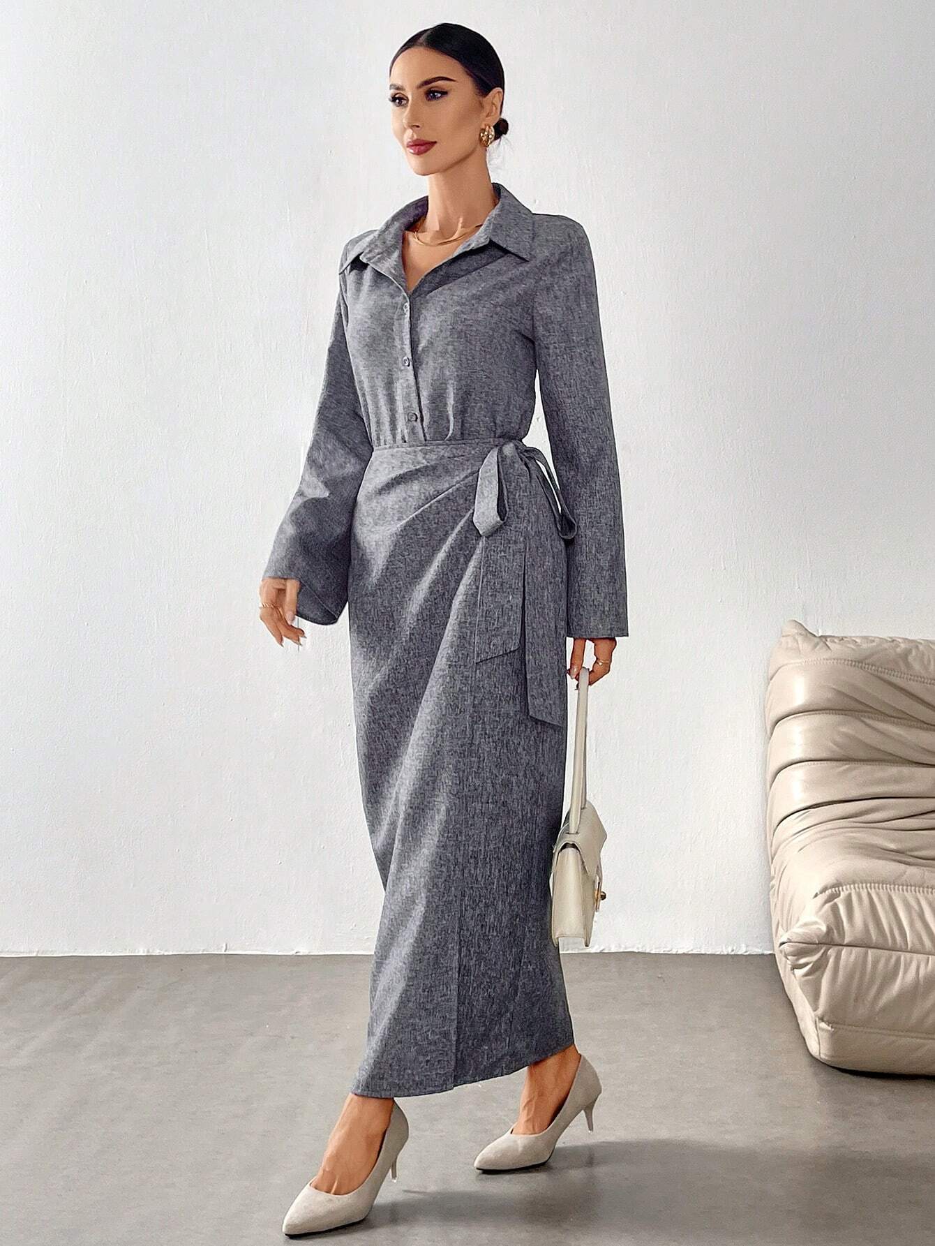 Mulvari Burgundy Red 2pcs Women's Casual Button-Up Shirt And A-Line Skirt Set