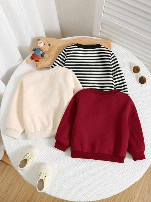 3pcs Baby Boy Casual Cartoon Solid Color Long Sleeve Sweatshirt Sets