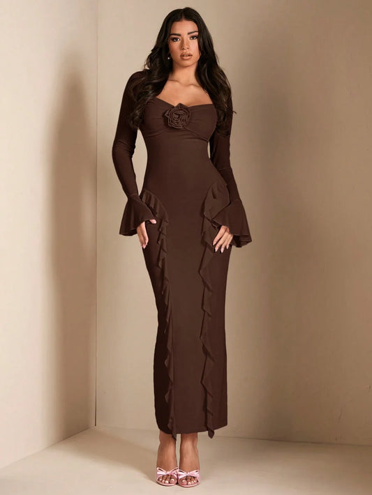 BAE Sweet Pink Extra Long Dress With 3D Floral Decor