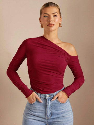 BAE Women's Asymmetrical Collar Ruched Perspective Tight T-Shirt