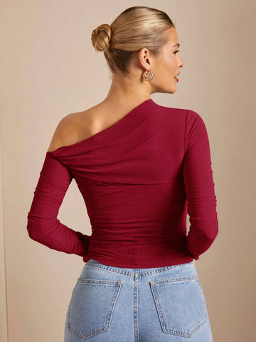 BAE Women's Asymmetrical Collar Ruched Perspective Tight T-Shirt