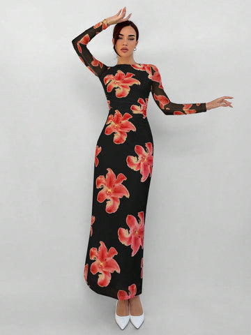 Aloruh Romantic Date Night Floral Print Pleated Long Sleeve Dress
