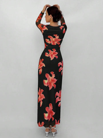 Aloruh Romantic Date Night Floral Print Pleated Long Sleeve Dress