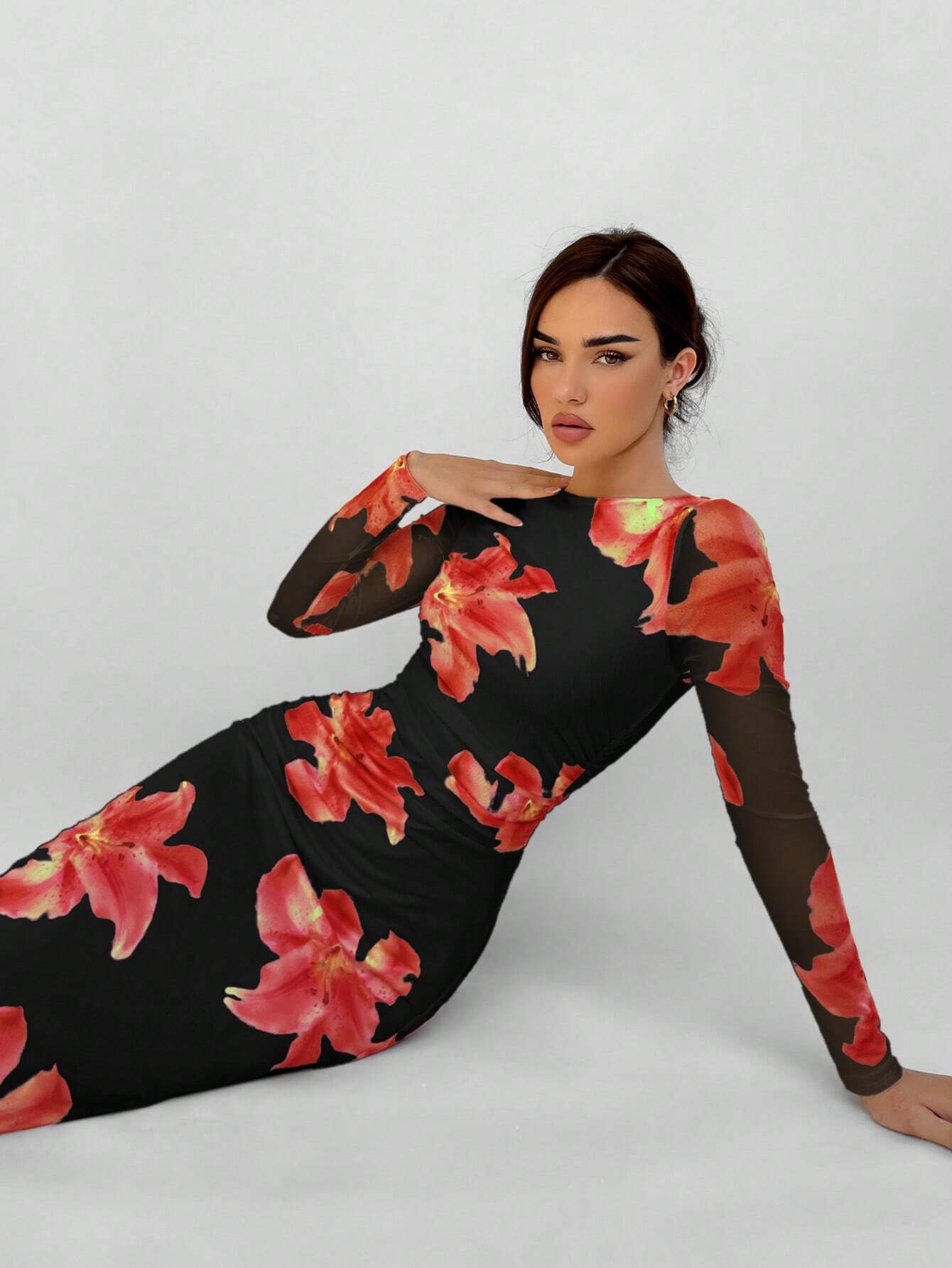 Aloruh Romantic Date Night Floral Print Pleated Long Sleeve Dress