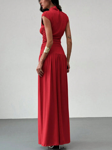 Elegant Stand Collar Pleatered Slim Fit Top And High Waist Skirt