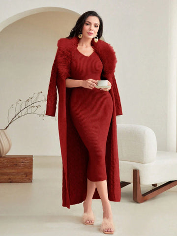 Modely Solid Bodycon Sweater Dress & Fuzzy Trim Duster Cardigan