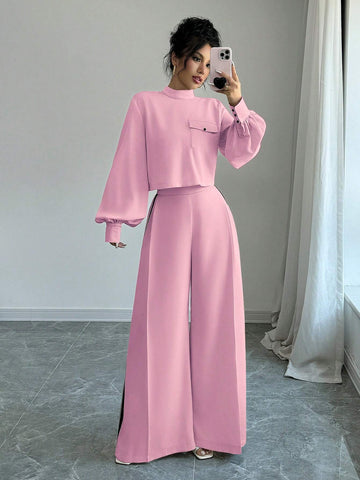 Elenzya Women Solid Lantern Sleeve Top And Wide Leg Pants Casual Loose Suit Set