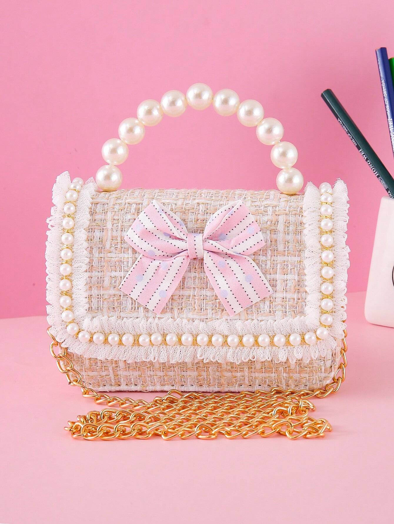 1pc Mini Girls' Cloth Shoulder Bag With Bowknot, Pearl Beads, Lace Edge And Metal Chain
