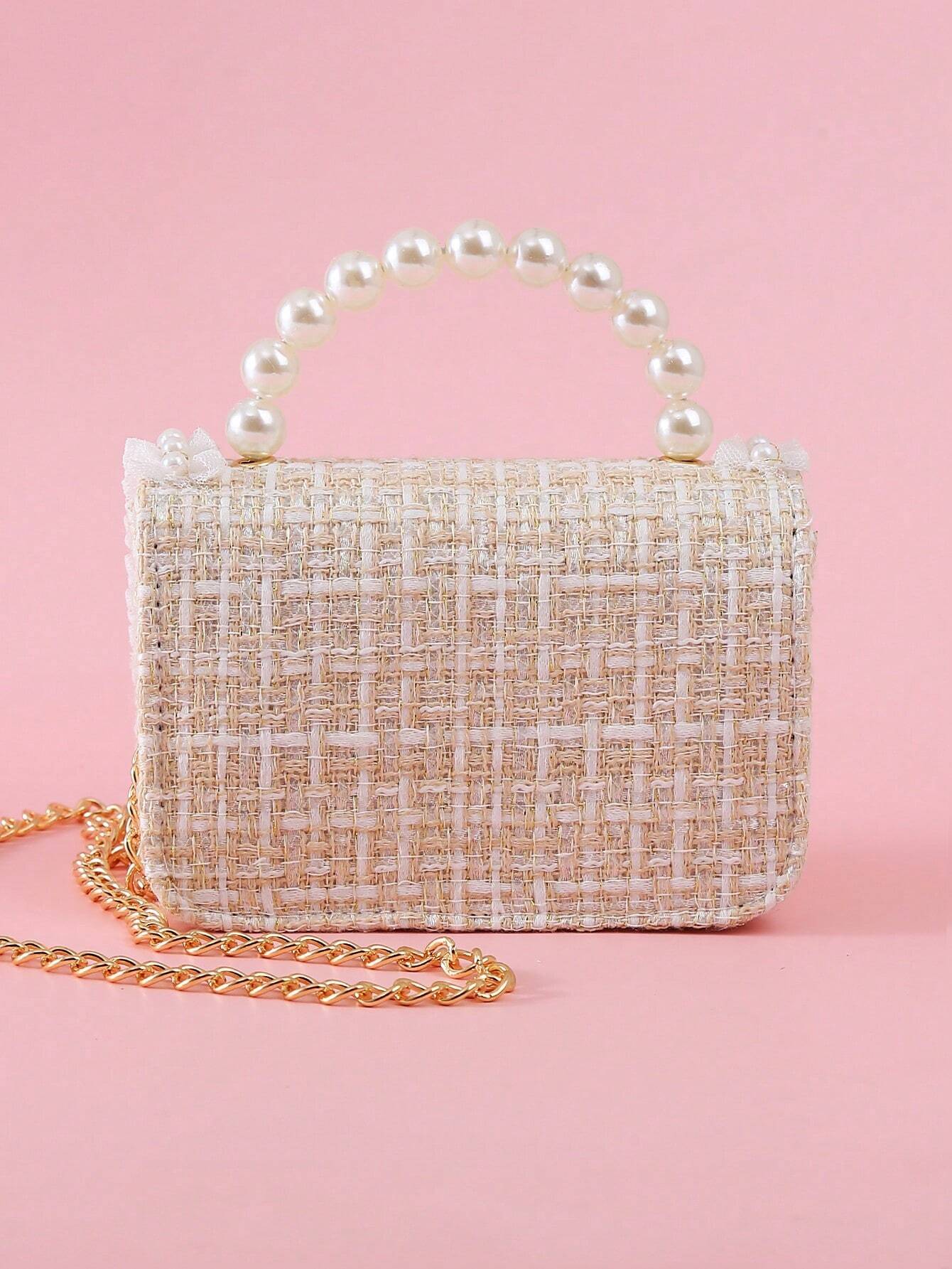 1pc Mini Girls' Cloth Shoulder Bag With Bowknot, Pearl Beads, Lace Edge And Metal Chain