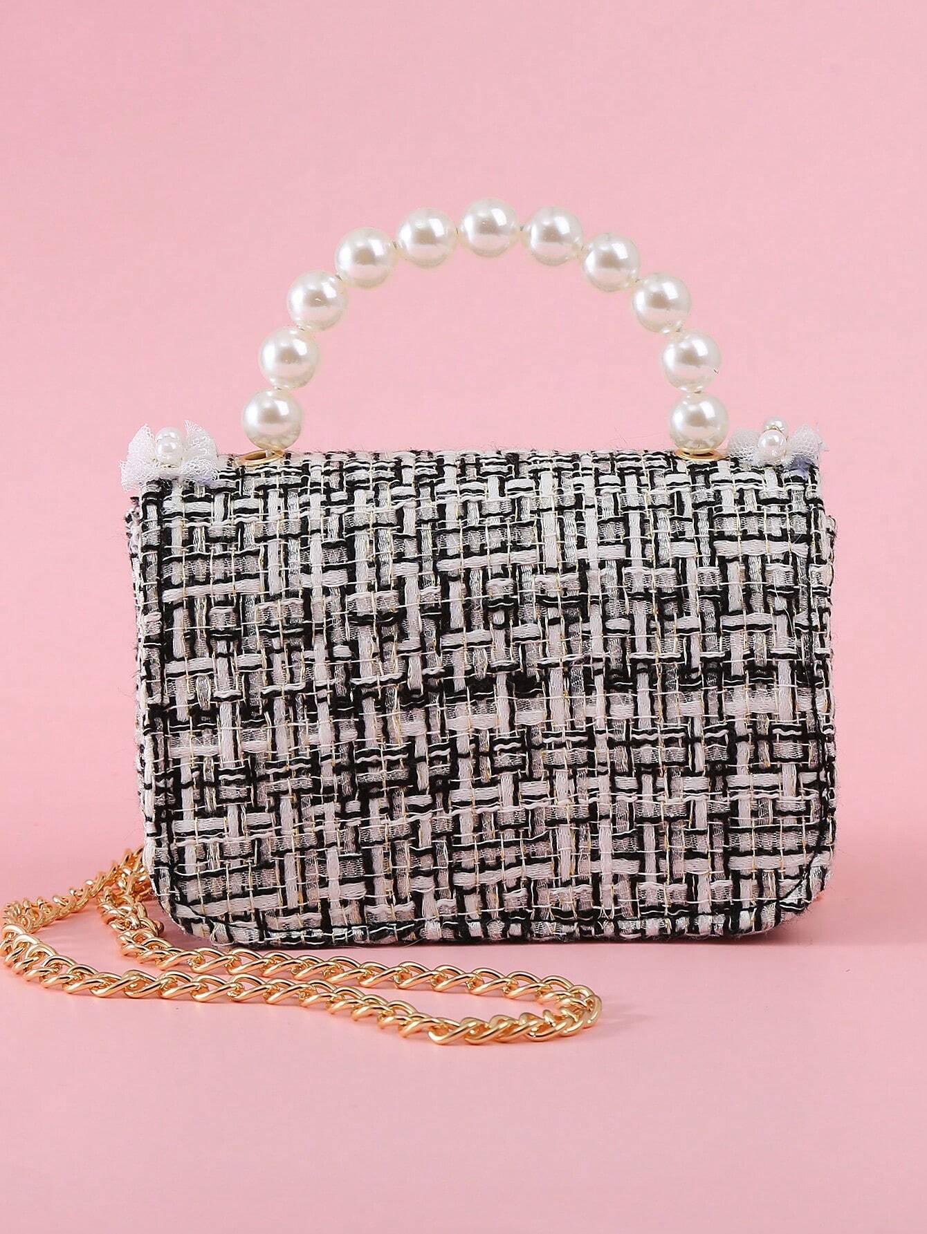 1pc Mini Girls' Cloth Shoulder Bag With Bowknot, Pearl Beads, Lace Edge And Metal Chain