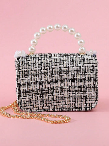 1pc Mini Girls' Cloth Shoulder Bag With Bowknot, Pearl Beads, Lace Edge And Metal Chain