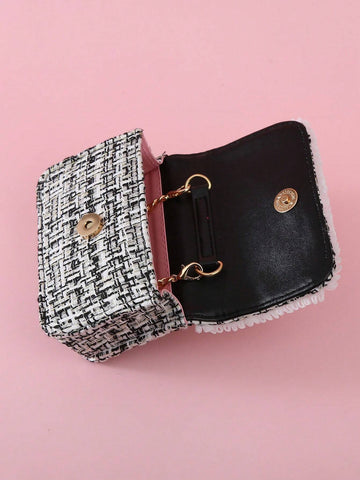1pc Mini Girls' Cloth Shoulder Bag With Bowknot, Pearl Beads, Lace Edge And Metal Chain
